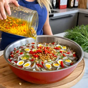 Рецепт Форшмак с печеным перцем и кедровыми орешками - Смешивание ингредиентов