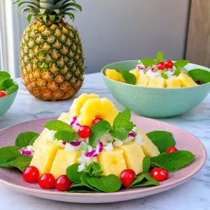 Рецепт Фруктовый салат с ананасом и кешью под кокосовой заправкой - Подача и украшение