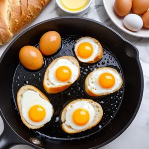 Рецепт Горячие канапе с перепелиными яйцами и икрой - Обжаривание багета и подготовка яиц