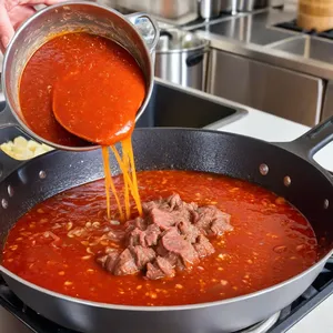 Рецепт Говядина, томлёная с абрикосами и розмарином - Добавление томатной пасты и бульона