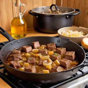 Рецепт Говядина, томлёная с гранатом и шалфеем - Обжарка мяса и лука