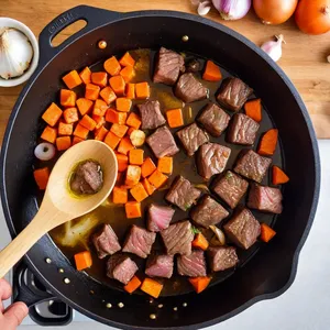 Рецепт Говядина, томлёная с грушей и чабрецом - Обжарка мяса и овощей