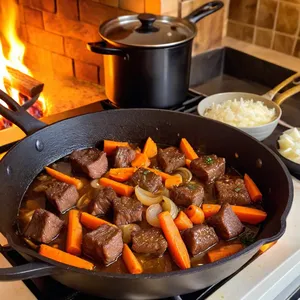 Рецепт Говядина, томлёная с мёдом и лавровым листом - Обжарка мяса и овощей