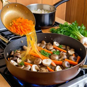 Рецепт Грибной бульон с белыми грибами и чесночными гренками - Обжарка овощей и грибов
