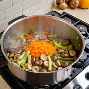 Рецепт Грибной бульон с шампиньонами и розмарином - Обжарка овощей и грибов