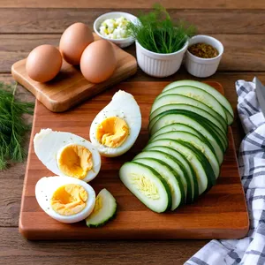 Рецепт Яичный салат с копченой курицей и хрустящими сухариками - Подготовка ингредиентов