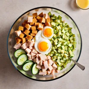 Рецепт Яичный салат с копченой курицей и хрустящими сухариками - Сборка салата