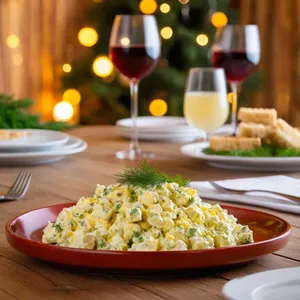 Рецепт Яичный салат с копченой курицей и хрустящими сухариками - Подача