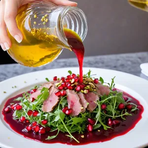 Рецепт Карпаччо из ягненка с гранатовым соусом и фисташками - Сборка блюда