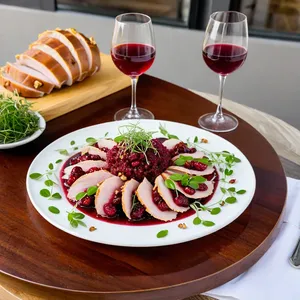 Рецепт Карпаччо из индейки с клюквенным соусом и грецкими орехами - Сборка блюда