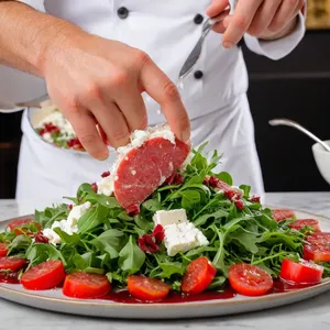 Рецепт Карпаччо из конины с черничным соусом и козьим сыром - Добавление сыра и зелени