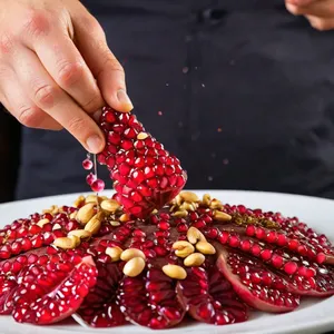 Рецепт Карпаччо из оленины с гранатом и кедровыми орешками - Добавление граната и орешков