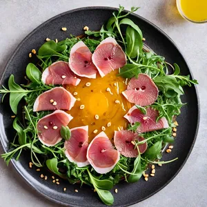 Рецепт Карпаччо из страуса с апельсиновым конфитюром и кунжутом - Сборка блюда