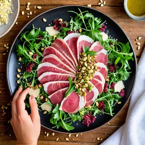 Рецепт Карпаччо из цесарки с гранатовым соусом и фисташками - Сборка карпаччо