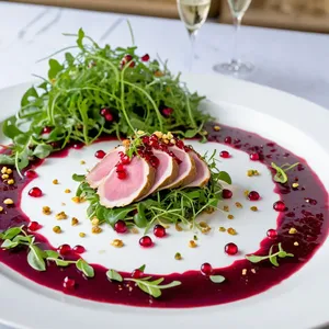 Рецепт Карпаччо из цесарки с гранатовым соусом и фисташками - Финальная подача