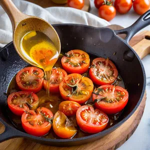 Рецепт Картофельное пюре с жареными томатами черри и чесноком - Приготовление жареных томатов черри и чеснока