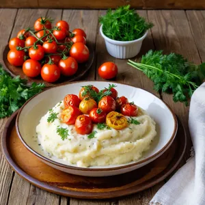 Рецепт Картофельное пюре с жареными томатами черри и чесноком - Сборка и подача