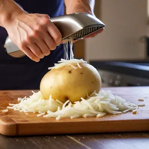 Рецепт Картофельные драники с карамелизированным луком и козьим сыром - Подготовка картофеля и лука