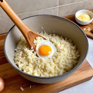 Рецепт Картофельные драники с карамелизированным луком и козьим сыром - Смешивание ингредиентов