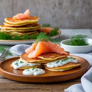 Рецепт Картофельные драники с копченой семгой и соусом тартар - Сборка блюда