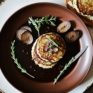 Рецепт Картофельные драники с печеночным паштетом и луковым конфи - Сборка блюда