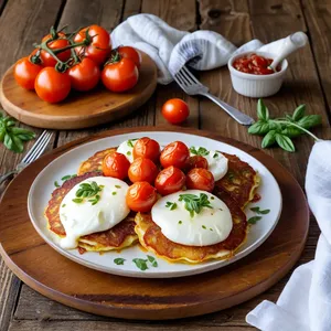 Рецепт Картофельные драники с печеными томатами и моцареллой - Сборка блюда