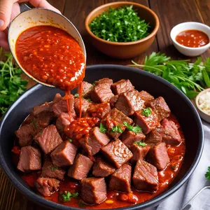 Рецепт Кебаб из говядины с аджикой и овощами на гриле - Подготовка мяса и маринада