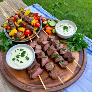 Рецепт Кебаб из говядины с аджикой и овощами на гриле - Подача