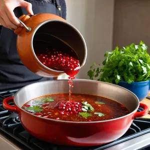 Рецепт Харчо с индейкой и гранатовым соусом - Добавление гранатового соуса и кинзы