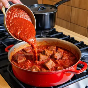 Рецепт Харчо с кроликом и облепиховым соусом - Добавление кролика и томатной пасты