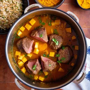 Рецепт Харира с бараниной и гранатом - Обжарка мяса и лука