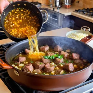Рецепт Харира с бараниной и кабачками - Обжарка мяса и лука