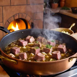 Рецепт Харира с бараниной и манго - Обжарка мяса и лука