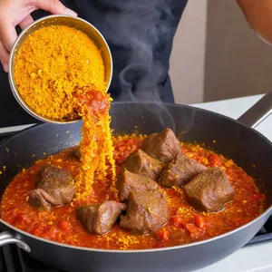 Рецепт Харира с бараниной и обжаренными перцами - Добавление специй и томатной пасты