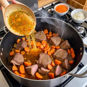 Рецепт Харира с нутом и бараниной - Обжарка мяса и овощей