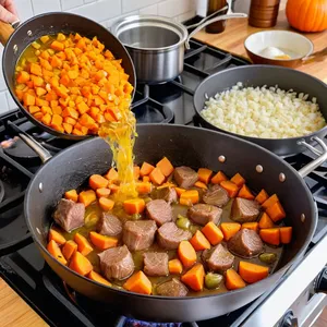 Рецепт Харира с тыквой и бараниной - Обжарка мяса и овощей