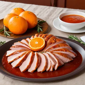 Рецепт Копчёная индейка с соусом из красного апельсина - Подача блюда