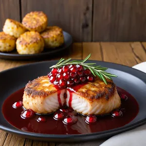 Рецепт Котлеты из палтуса с розмарином и гранатовым соусом - Подача блюда