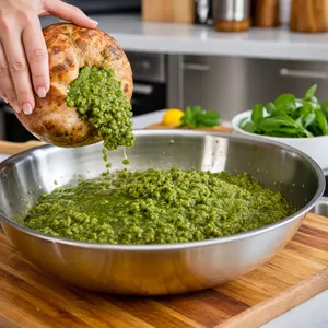 Рецепт Котлеты с песто и кедровыми орешками - Смешивание фарша