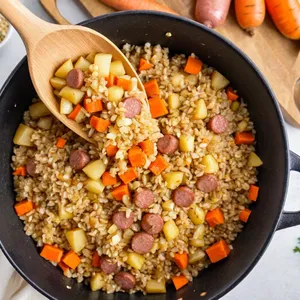 Рецепт Кулеш с колбасками и перловкой - Добавление перловки и картофеля