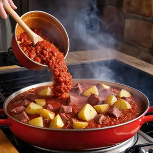 Рецепт Кулеш с копченой говядиной и ячневой крупой - Добавление томатной пасты и картофеля