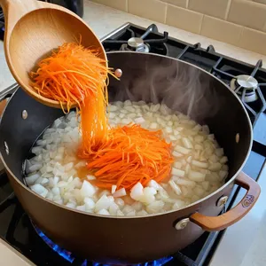 Рецепт Кулеш с копченой курицей и рисом - Обжарка лука и моркови