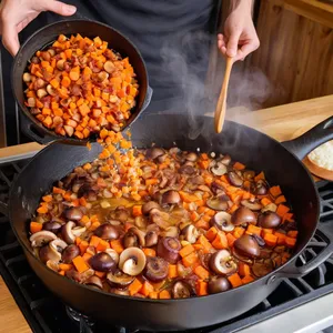 Рецепт Кулеш с копченостями и грибами - Обжарка копченостей и овощей