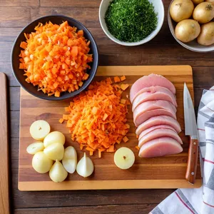 Рецепт Кулеш с копченым окороком и ячменем - Подготовка овощей и окорока