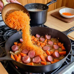 Рецепт Кулеш с копченым окороком и ячменем - Обжарка лука, моркови и окорока