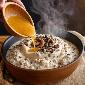 Рецепт Кулеш с шампиньонами и сливками - Добавление сливок и специй