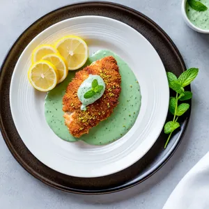 Рецепт Куриные отбивные с фисташковой корочкой и мятным йогуртом - Подача блюда