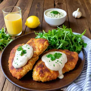 Рецепт Куриные отбивные с пармезаном и чесночным кремом - Подача блюда