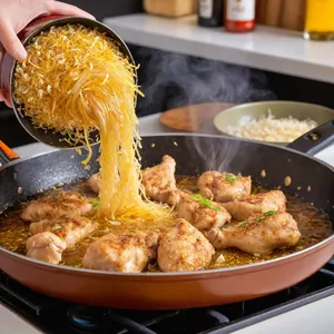 Рецепт Куриный суп-лапша с имбирем и зеленым луком - Обжарка курицы и чеснока