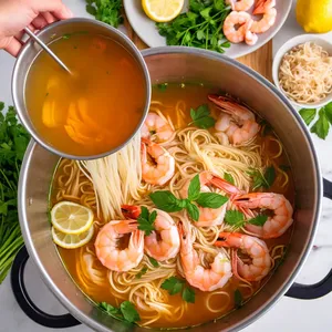 Рецепт Куриный суп-лапша с креветками и лимоном - Возвращение курицы и добавление креветок